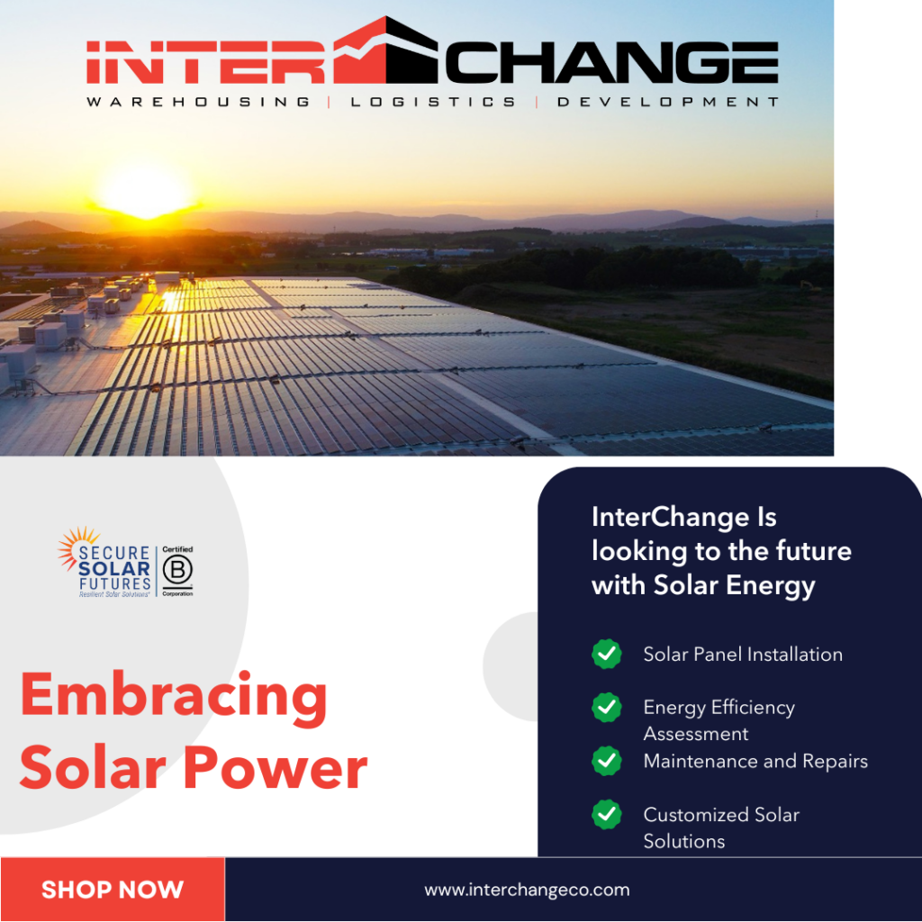 Red and Black logo with the photo of a sun over a warehouse building showing the solar panels covering the roof. "Embracing solar Power"