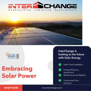 Red and Black logo with the photo of a sun over a warehouse building showing the solar panels covering the roof. "Embracing solar Power"